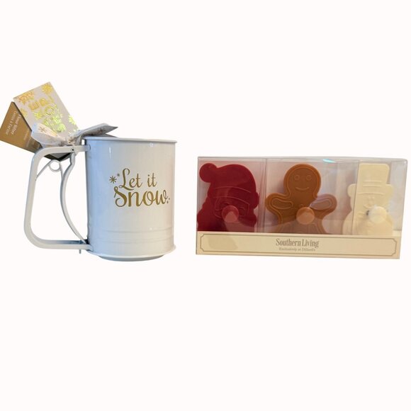 Southern Living Christmas Baking Set Cookie Stamps Flour Sifter Let It Snow - Picture 15 of 16